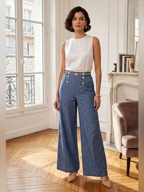 SHEIN Sailor-Inspired Wide Leg Trousers - High-Waisted, Blue, Size M (US 6)